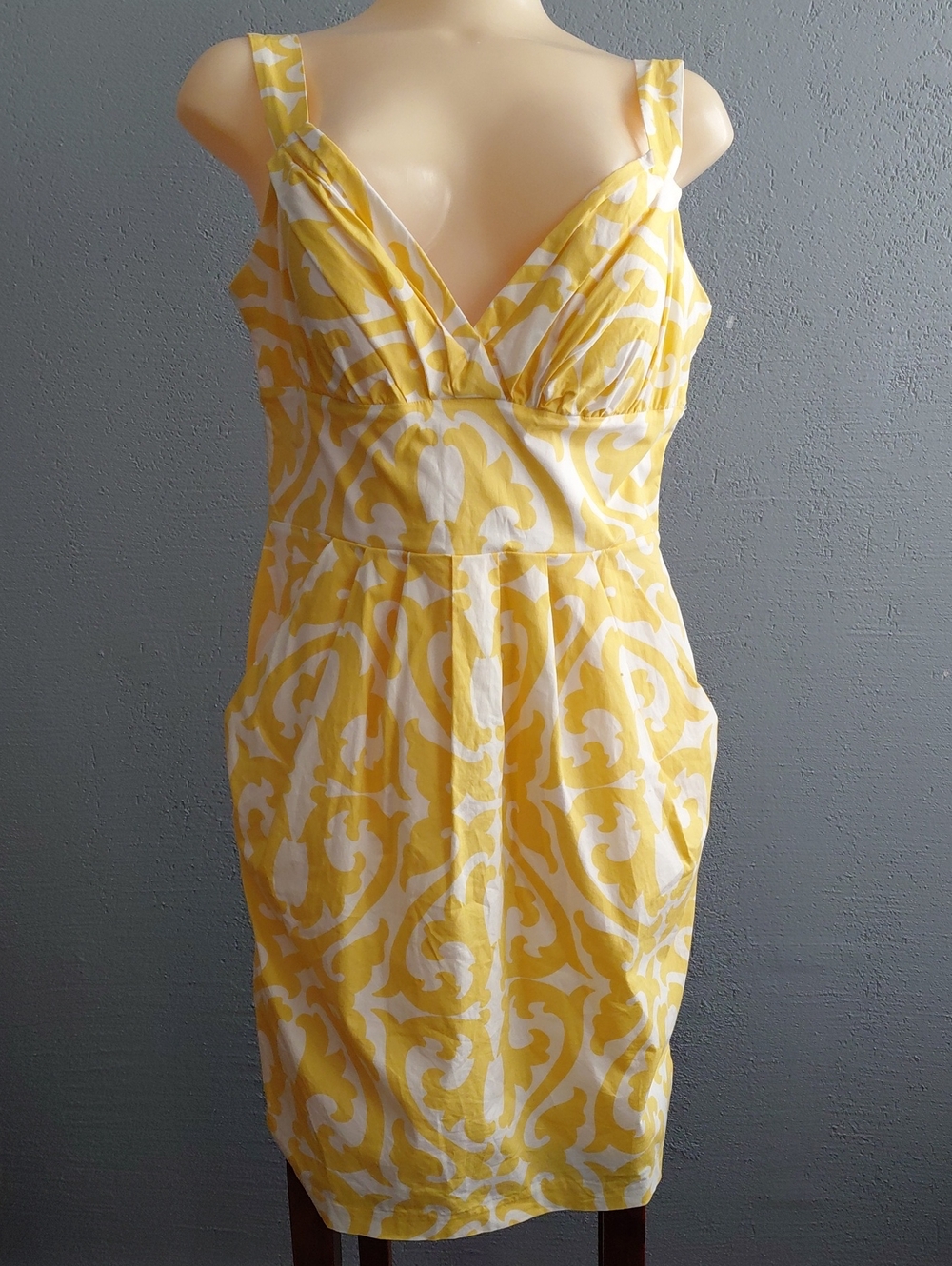 dressbarn Yellow and White V-Neck Midi Dress